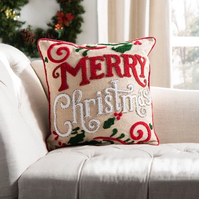 Merry Merry Pillow - Green/Red/Beige - 18" X 18" - Safavieh 2 Merry Merry Pillow - Green/Red/Beige - 18" X 18" - Safavieh - Image 2