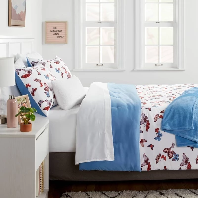 Butterfly Print Microfiber Decorative Bed Set With Throw Blue/Red/White - Room Essentials™ 1 Butterfly Print Microfiber Decorative Bed Set With Throw Blue/Red/White - Room Essentials™