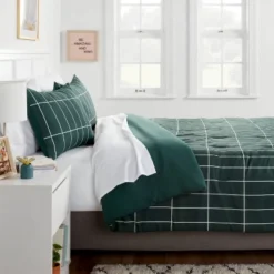 Grid Print Microfiber Reversible Comforter & Sheet Set Dark Green - Room Essentials™